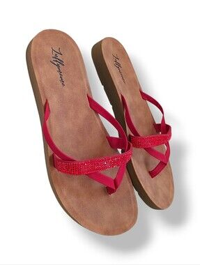 Red Crystal Slide Sandals Soft Suede Flat Strappy Colorful Cute Summer Sparkle 9